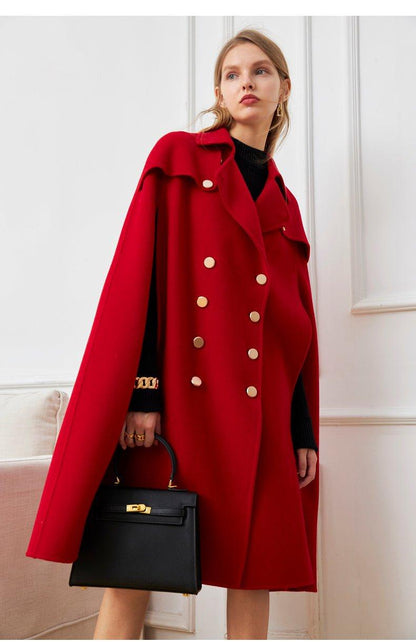 Autumn and winter red double-breastedn woolen cape coat- Tairf