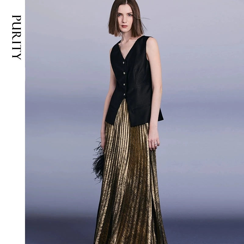 PURITY Luxury British style classic black vest lacquered dark gold pressed pleated skirt set- Lizzy