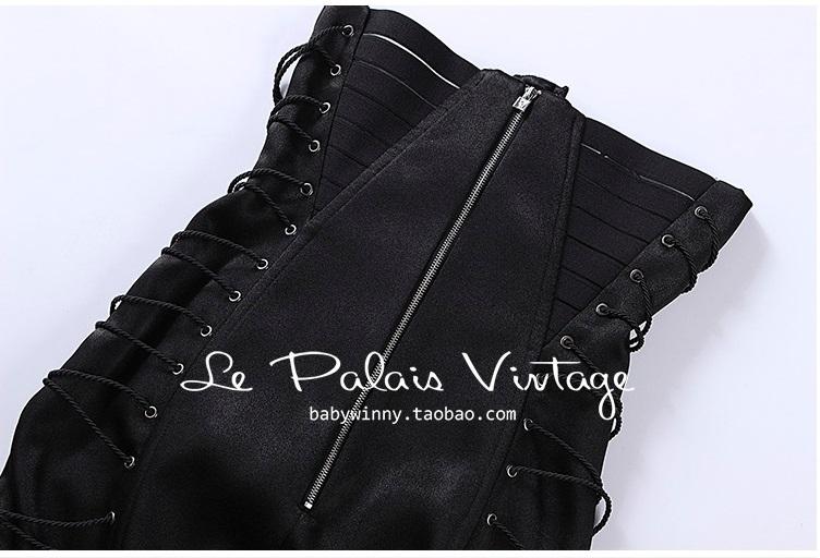 Le Palais vintage original retro elegant black heavy satin strap ultra high waist bag hip pencil skirt- Dram