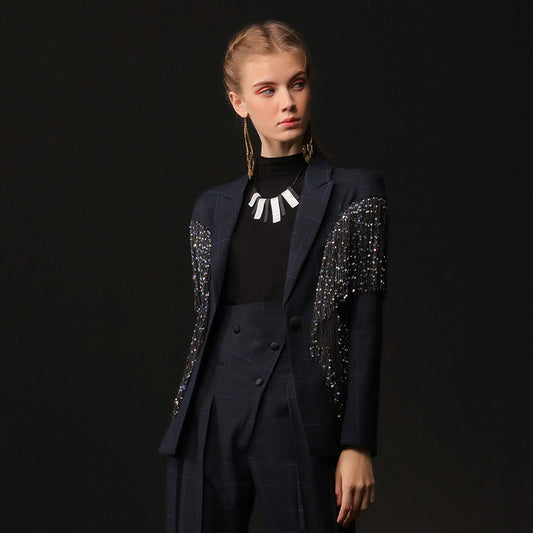 Navy blue fringed suit new spring beaded suit high waist trousers two-piece suit set- Pade