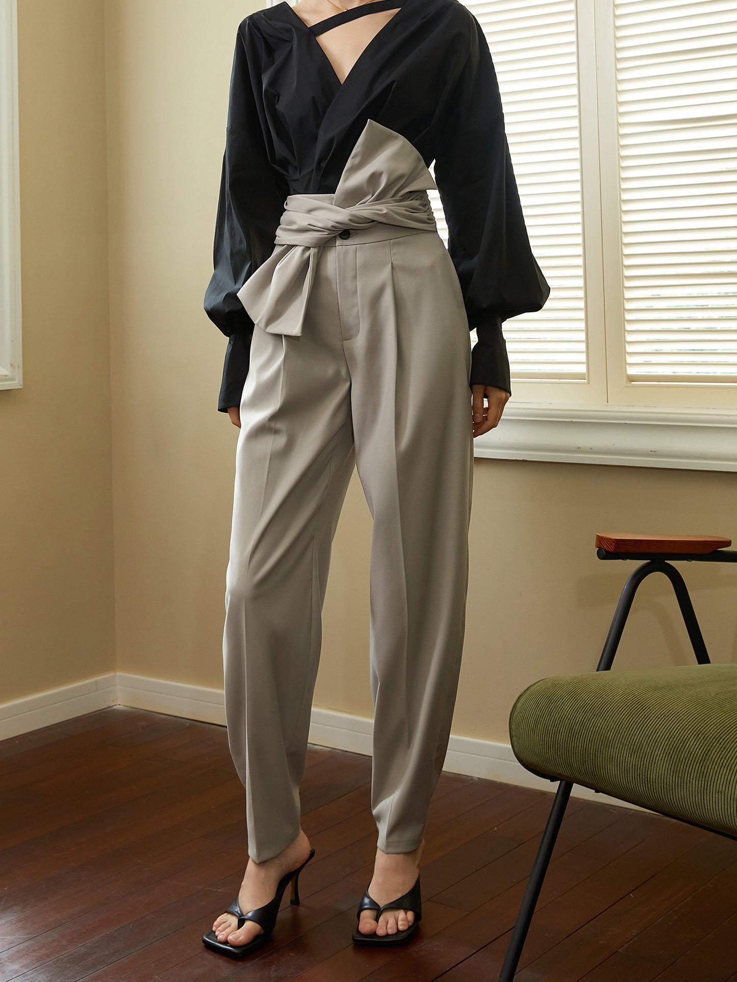 New early spring high waist trousers, designed with an asymmetric belt- Luna