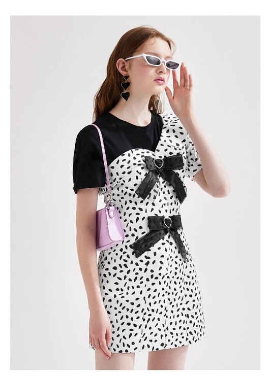 New black and white Dalmatian polka dot asymmetric oblique shoulder short-sleeved dress - Ren