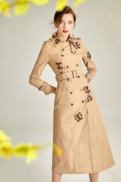 Classic autumn winter luxury limited edition handmade beaded khaki trench coat - Siaha Hearts