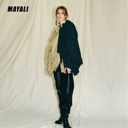 MAYALI autumn winter contrast panels luxury asymmetrical cotton  shirt - Sayyi