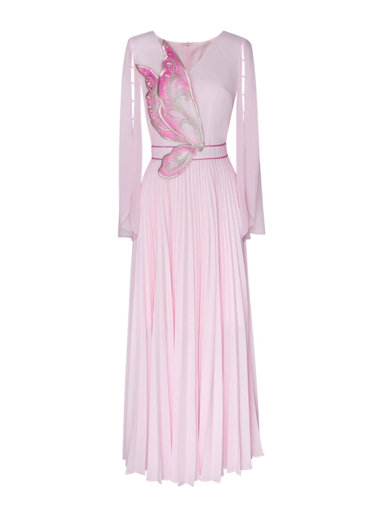 Magic Q pink V-neck butterfly-shaped embroidery beaded hollow-out pleated chiffon fairy dress