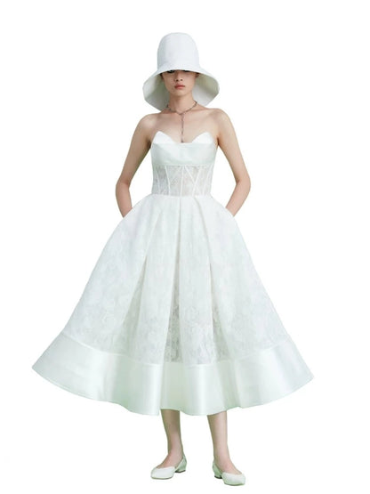 YES BY YESIR strapless luxury white lace full skirt midi bridal dress- Brida