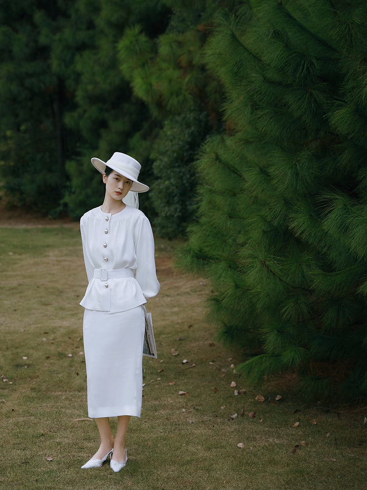 Vintage White pleated suit set- Rits M / Red