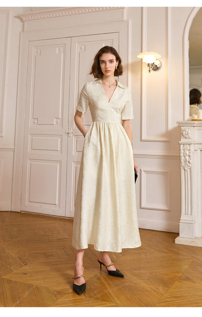 Jacquard V-neck design and a high-waist long skirt short-sleeved dress- Luz