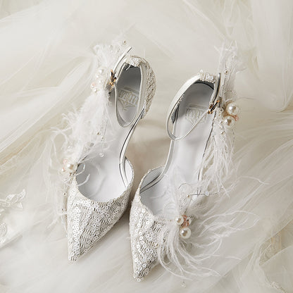 B-FEI handmade beaded lace pearl feather wedding high heel shoes- Perola