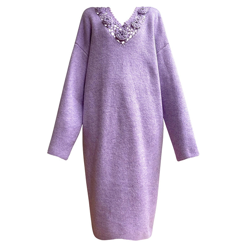Aconiconi|Purple Flower Crochet openwork long cropped loose wool knit sweater  dress - Twilight