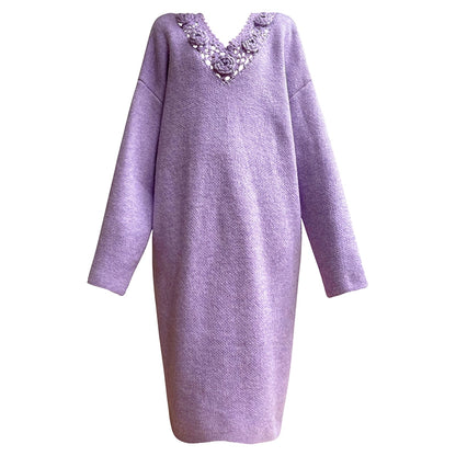 Aconiconi|Purple Flower Crochet openwork long cropped loose wool knit sweater  dress - Twilight