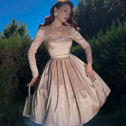le palais vintage autumn and winter retro diamond pearlescent long-sleeved 1950 full skirt dress - Maggie