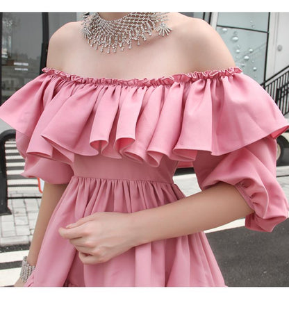 ruffle off shoulder pleated hem lantern sleeve pleated pink dress - Sakia