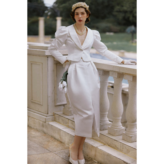 French retro milky white puff sleeve waist short flower bud skirt wedding dress suit skirt- Lola
