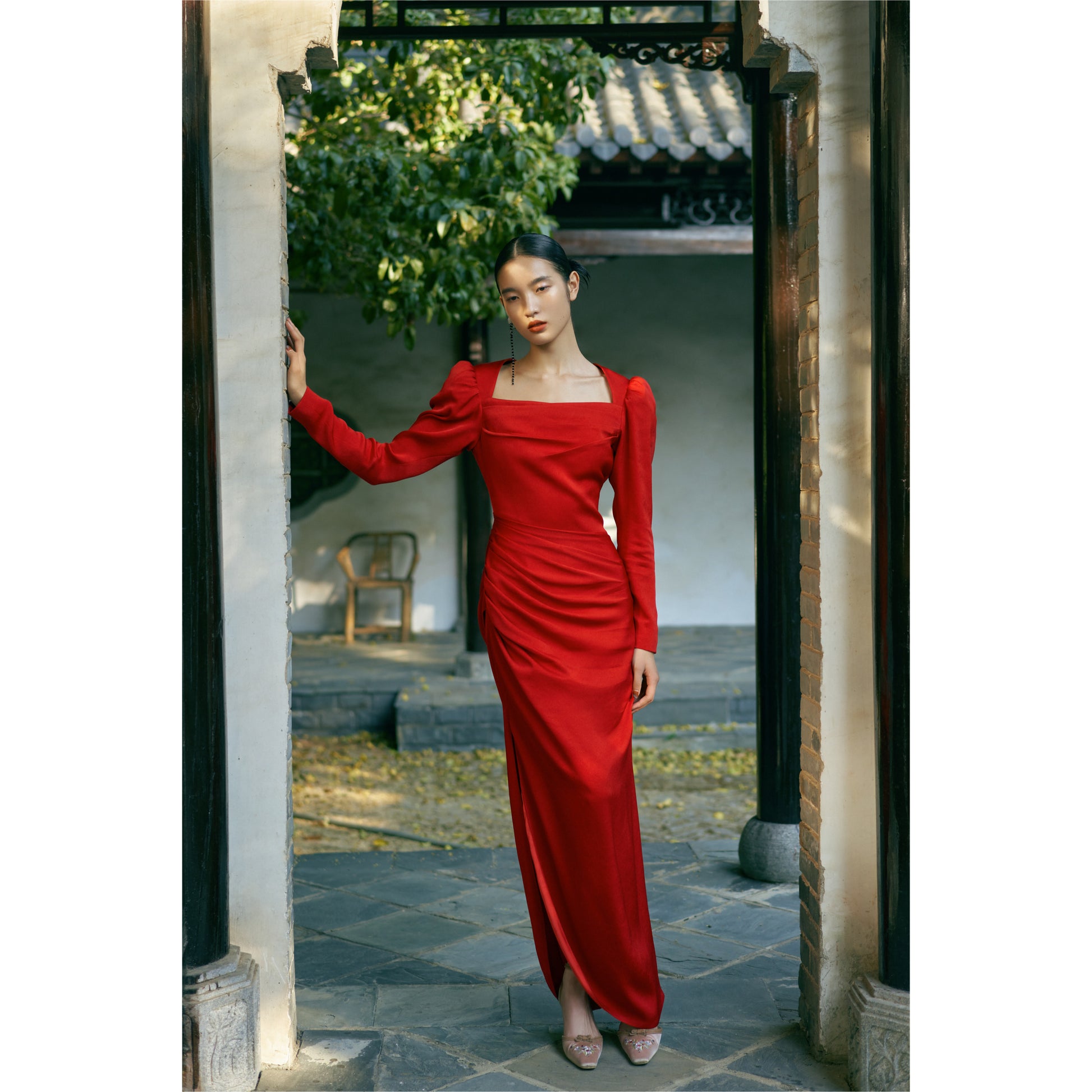Red Long puff sleeves square collar folds slit wedding guest dress- St GOOD GIRL REBEL Red Long puff sleeves square collar folds slit wedding guest dress- St GOOD GIRL REBEL