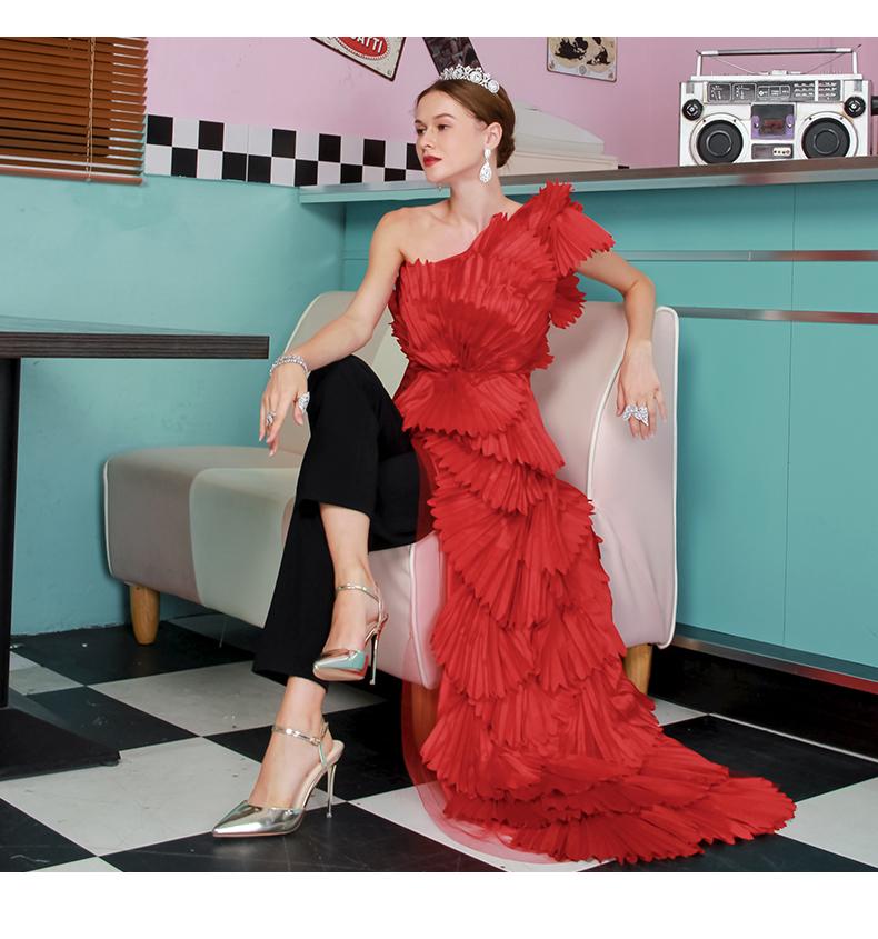 Statement limited edition one shoulder pleated flower banquet partY elegant cocktail red blouse dress - India L Statement limited edition one shoulder pleated flower banquet partY elegant cocktail red blouse dress - India L