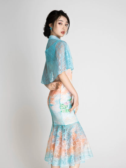 Magic Q Swiftlet detachable shawl diamond embroidered sequins lace fishtail cheongsam dress - Lily