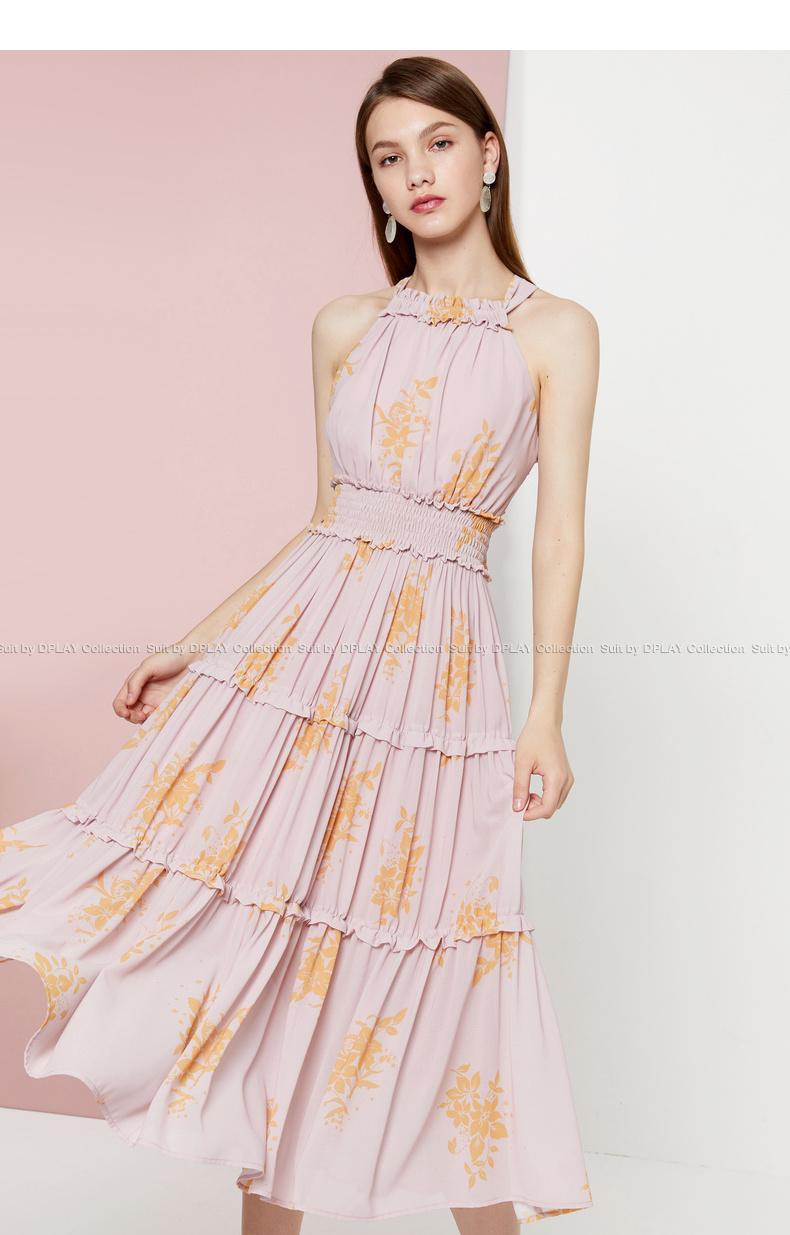 Pink strapless fairy print dress Off-the-shoulder print skirt super fairy goddess- Allen