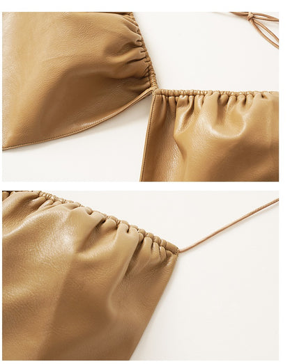 Mocha color and classic straps and waist leather crop top- Mera