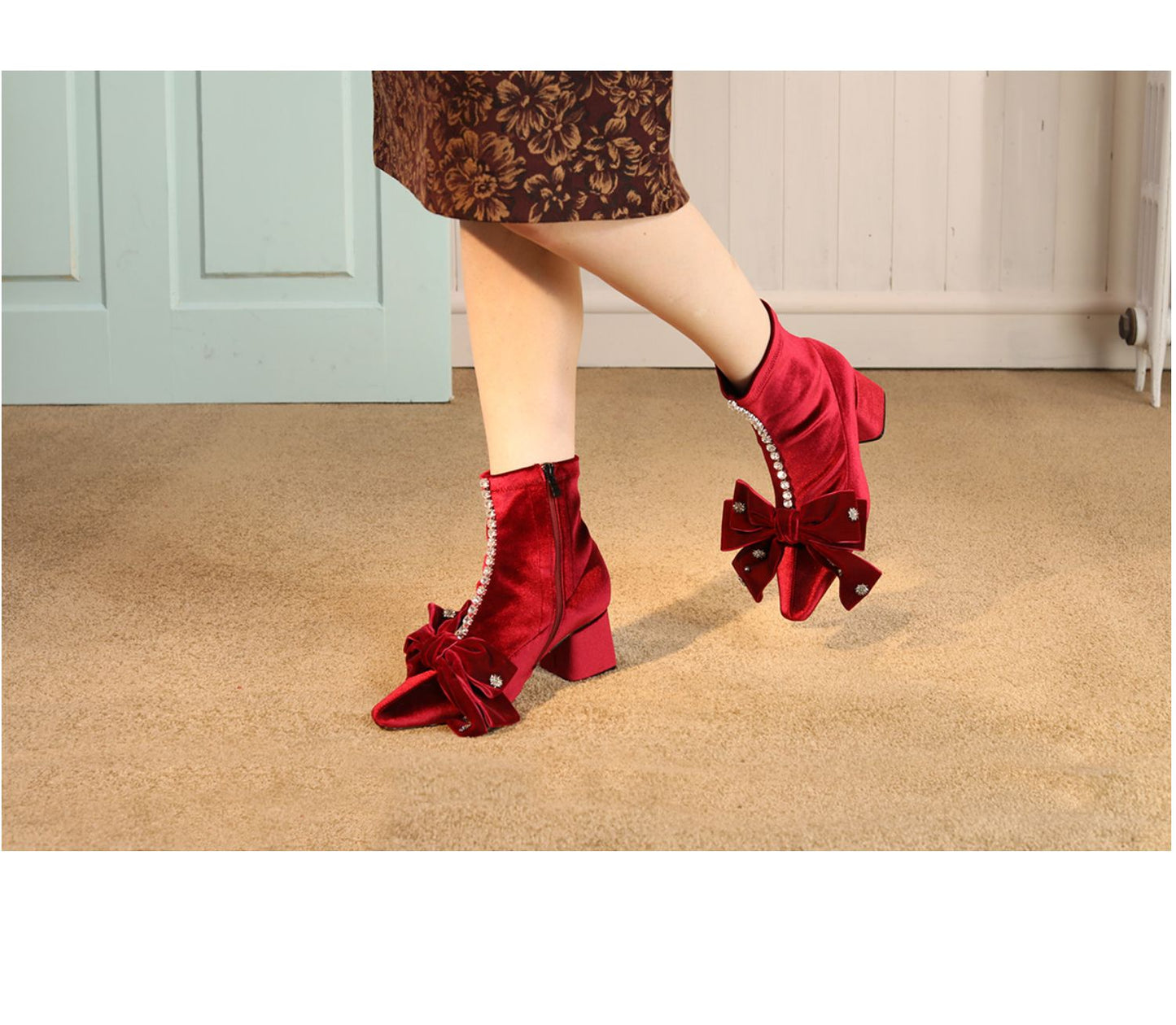FEIFEI original design short boots elastic boots wine red bow ankle boots- Veronica