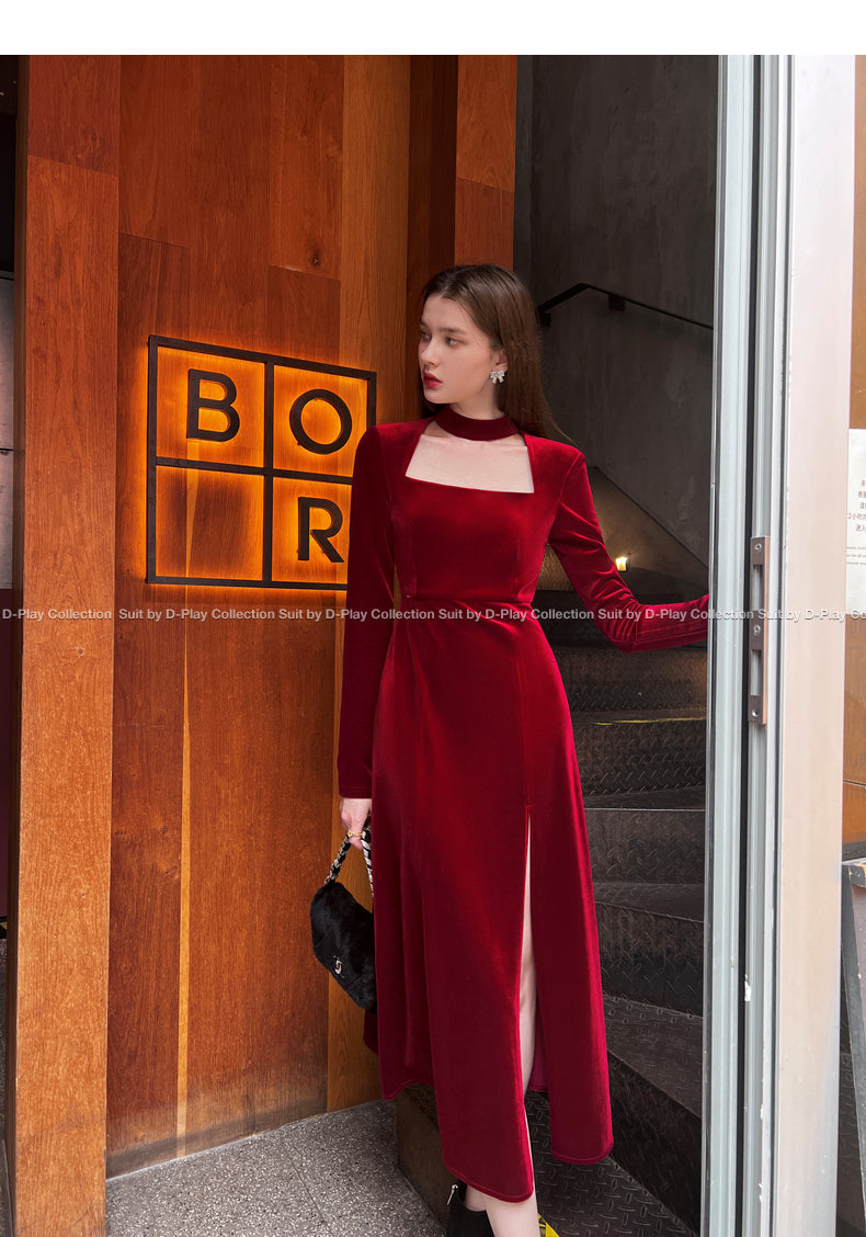 autumn winter French retro square neck lady style wine red velvet slit dress light dress