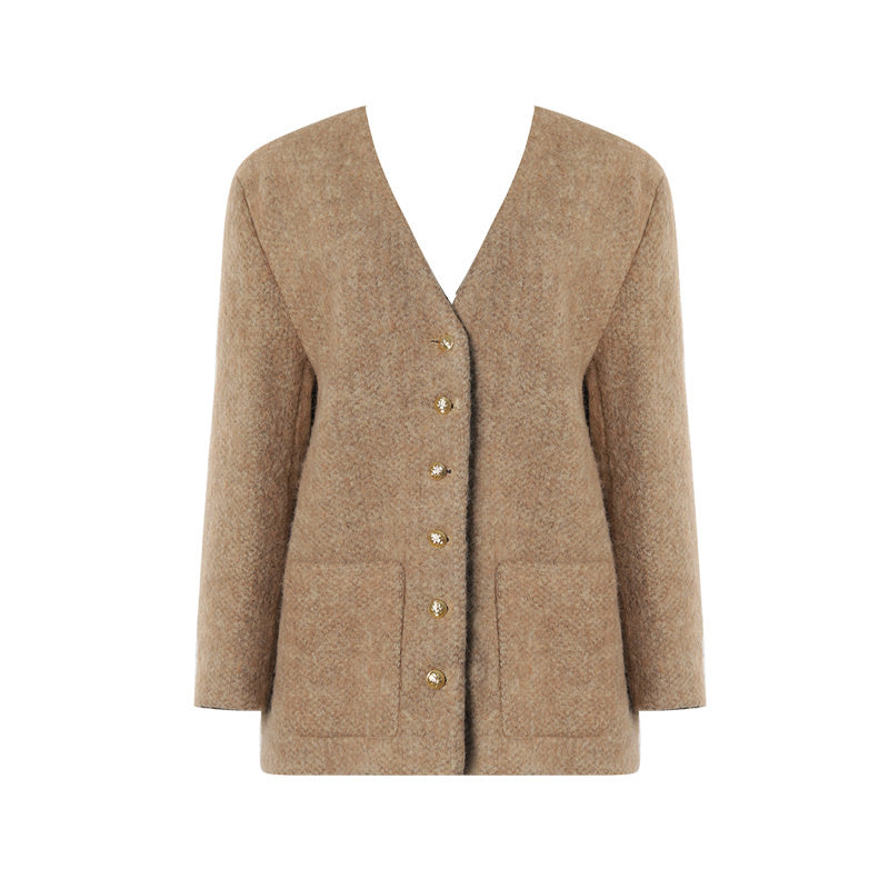 Fall Autumn V-neck khaki brown embossed Soft Wool Tweed jacket Coat - Darcy