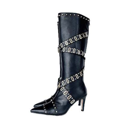 B-FEI niche rivet buckle pointed toe mid-tube leather high boots- Jamila