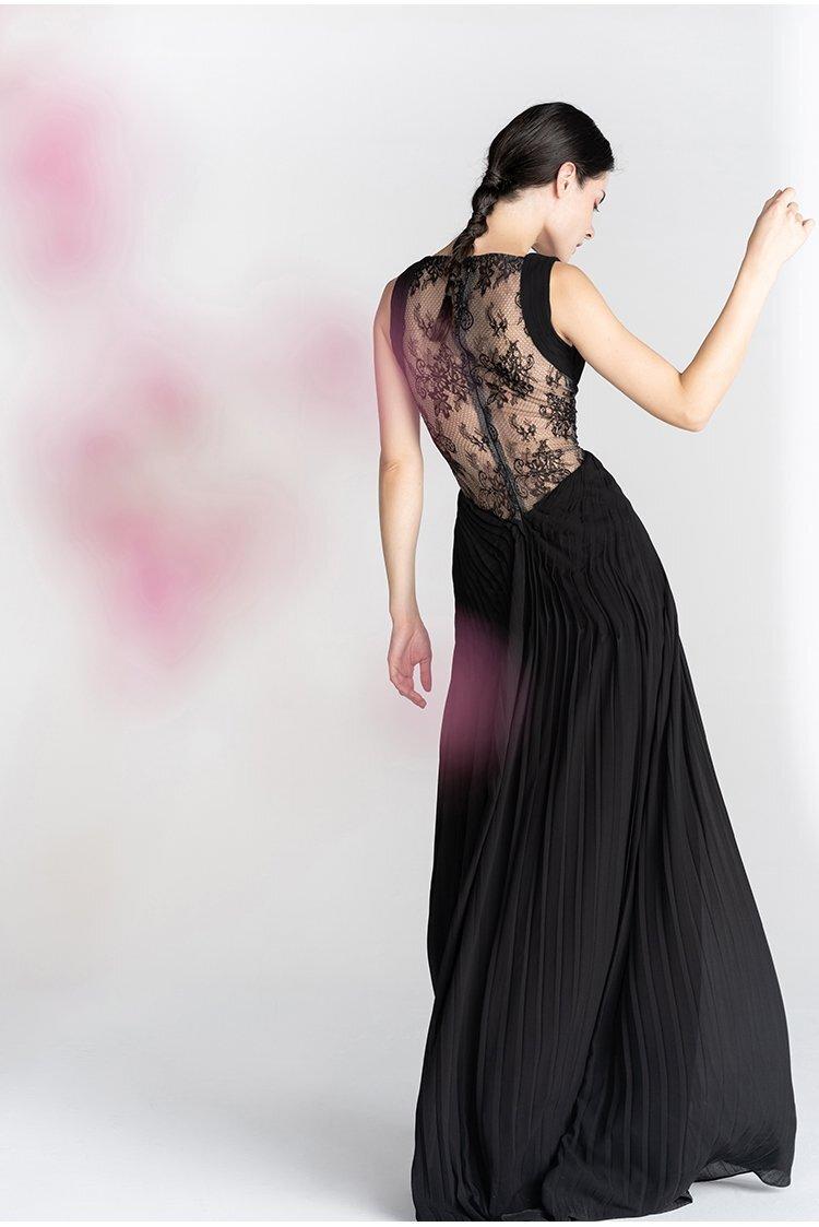 GOUDIN Uniquely pleated lace Design long Black sexy evening dress - Buko. S GOUDIN Uniquely pleated lace Design long Black sexy evening dress - Buko. S