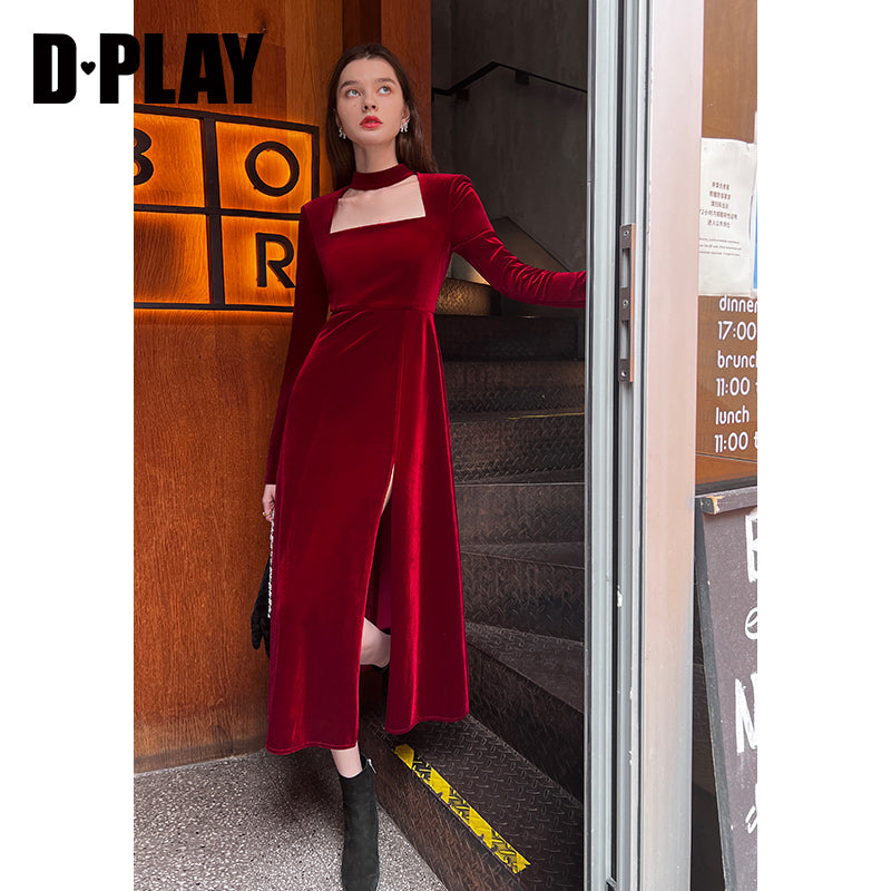 autumn winter French retro square neck lady style wine red velvet slit GOOD GIRL REBEL autumn winter French retro square neck lady style wine red velvet slit GOOD GIRL REBEL
