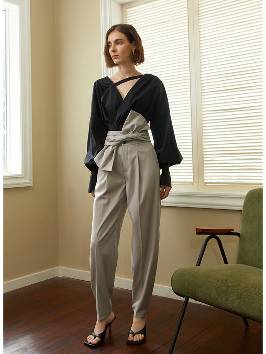 New early spring high waist trousers, designed with an asymmetric belt- Luna