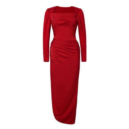Red Long puff sleeves square collar folds slit wedding guest dress- Stopa