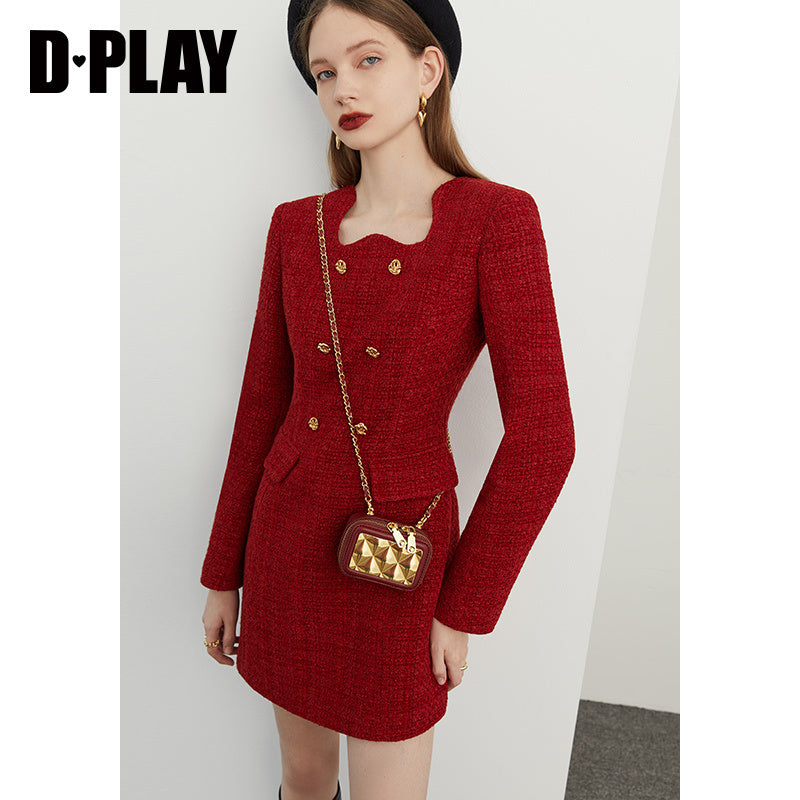 Autumn Winter Retro Jam Red Irregular Lace Metal Buckle Tweed Dress M Autumn Winter Retro Jam Red Irregular Lace Metal Buckle Tweed Dress M