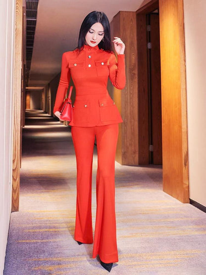 VJE military style spring suit stretch high neck blouse flared pants two-piece suit - Raisa