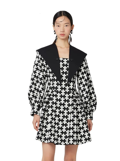 YES BY YESIR high-end black white puzzle  houndstooth large lapel long sleeve dress - Resan