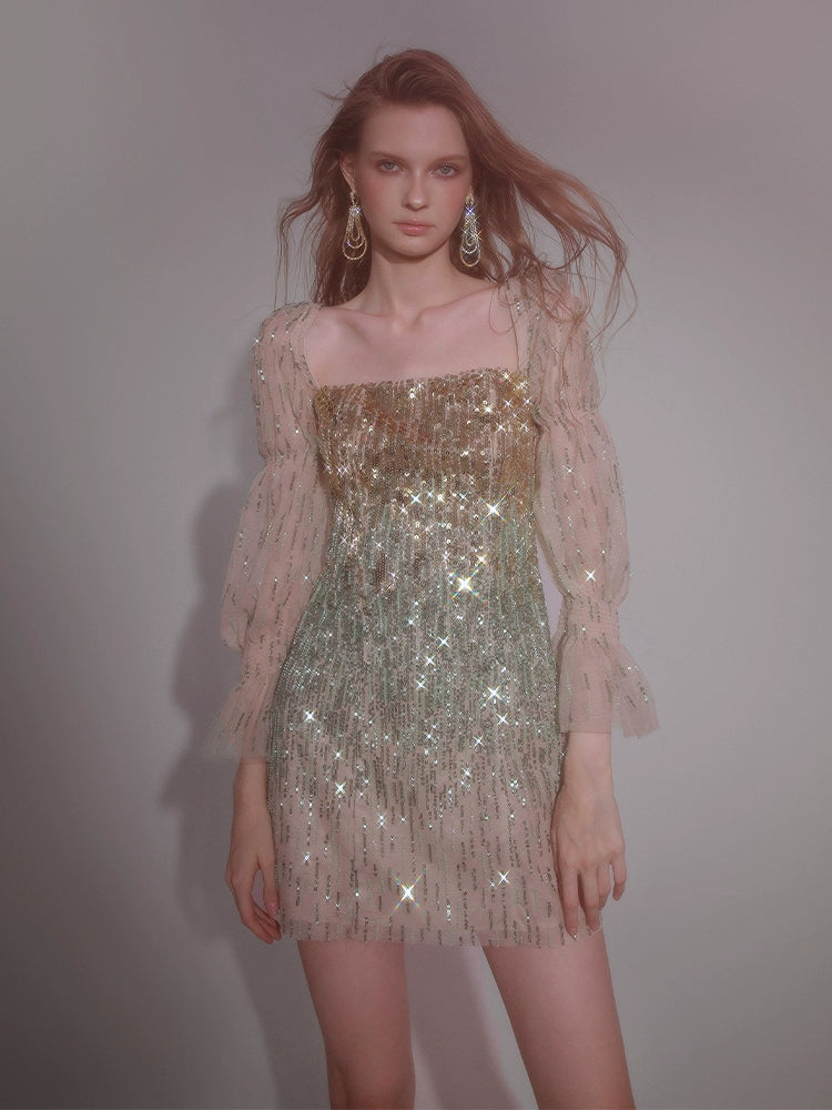 Wardrobes by Chen High End Golden Green multi color sequince mini dress-Serah