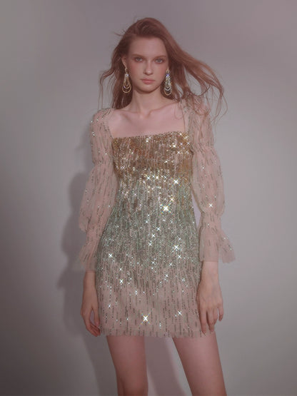 Wardrobes by Chen High End Golden Green multi color sequince mini dress-Serah