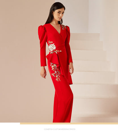 Gorgeous high end jumpsuit women's red business formal dress fashionable party host clothing slim jumpsuit- Tony