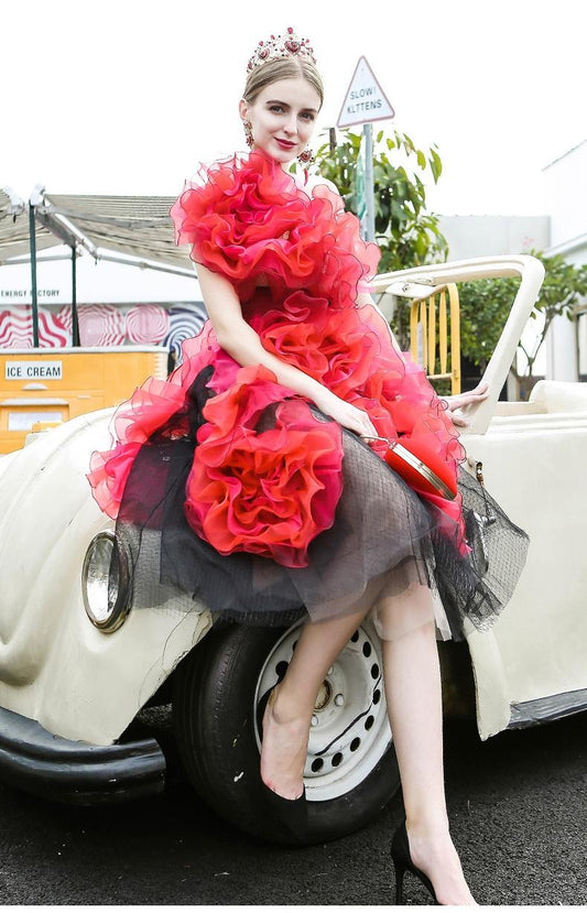 Limited edition one shoulder handmade tulle flower princess evening cocktail party 3d  dress - Most black