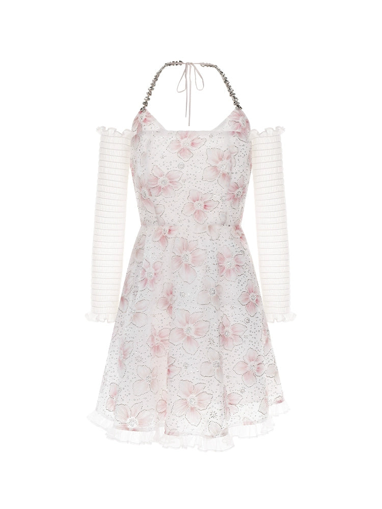 Wardrobes by Chen Elegant Pink Halter Long Sleeve Flower Dinner bridal Dress-Gika