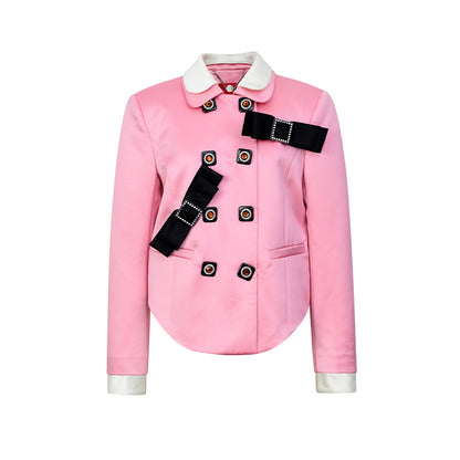 Barbie Pink bow satin double-neck jacket top + Skirt suit - True