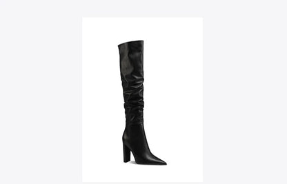Fabfei pointed toe leather stacked autumn/winter block heel knee-length boots - Kwui