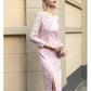 Siduo elegant high end Pink lace satin dress-  Aconi