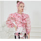 Pink Printed ruffle deep V-neck handmade flower slim suit - Bey