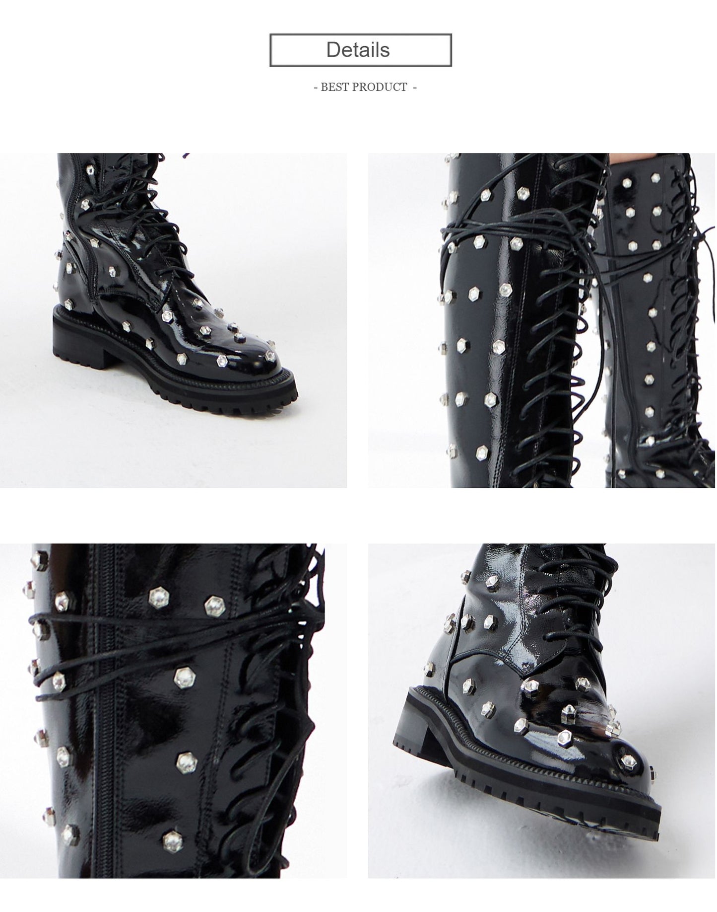 B-FEI niche stars diamonds lace adjustable head layer patent leather biker boots - libra