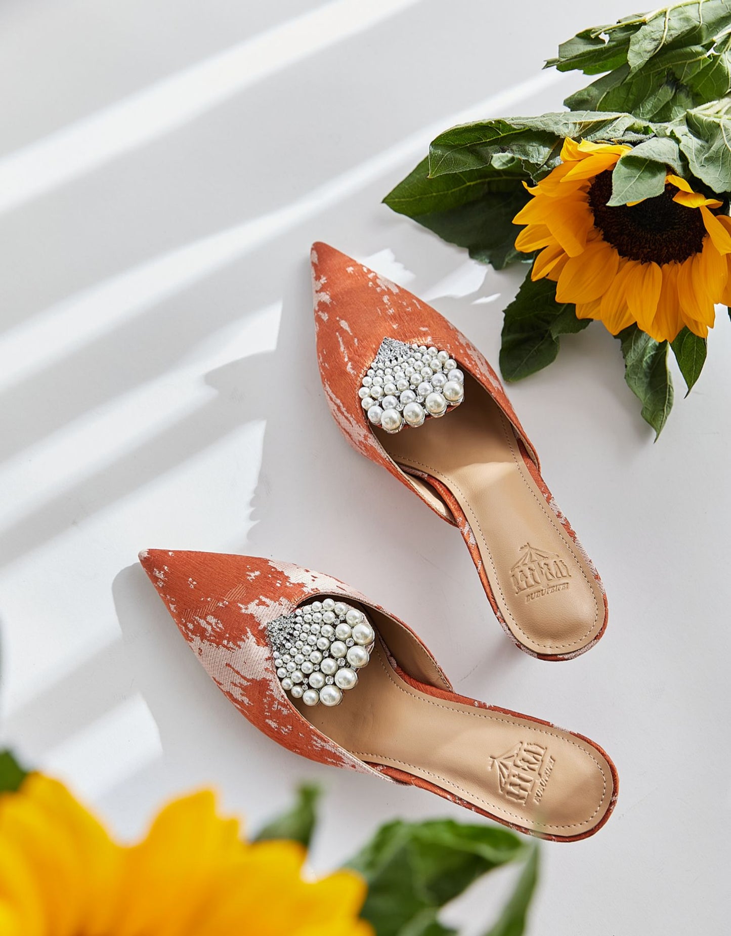 B-FEI  bridgertons inspired historical shoes Kitten Heel Orange Shell Pearl Pointed Toe mules - Nova