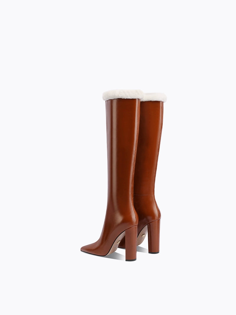 Fabfei pointed toe autumn/winter block heeled brown knee-length women's boots - Casy