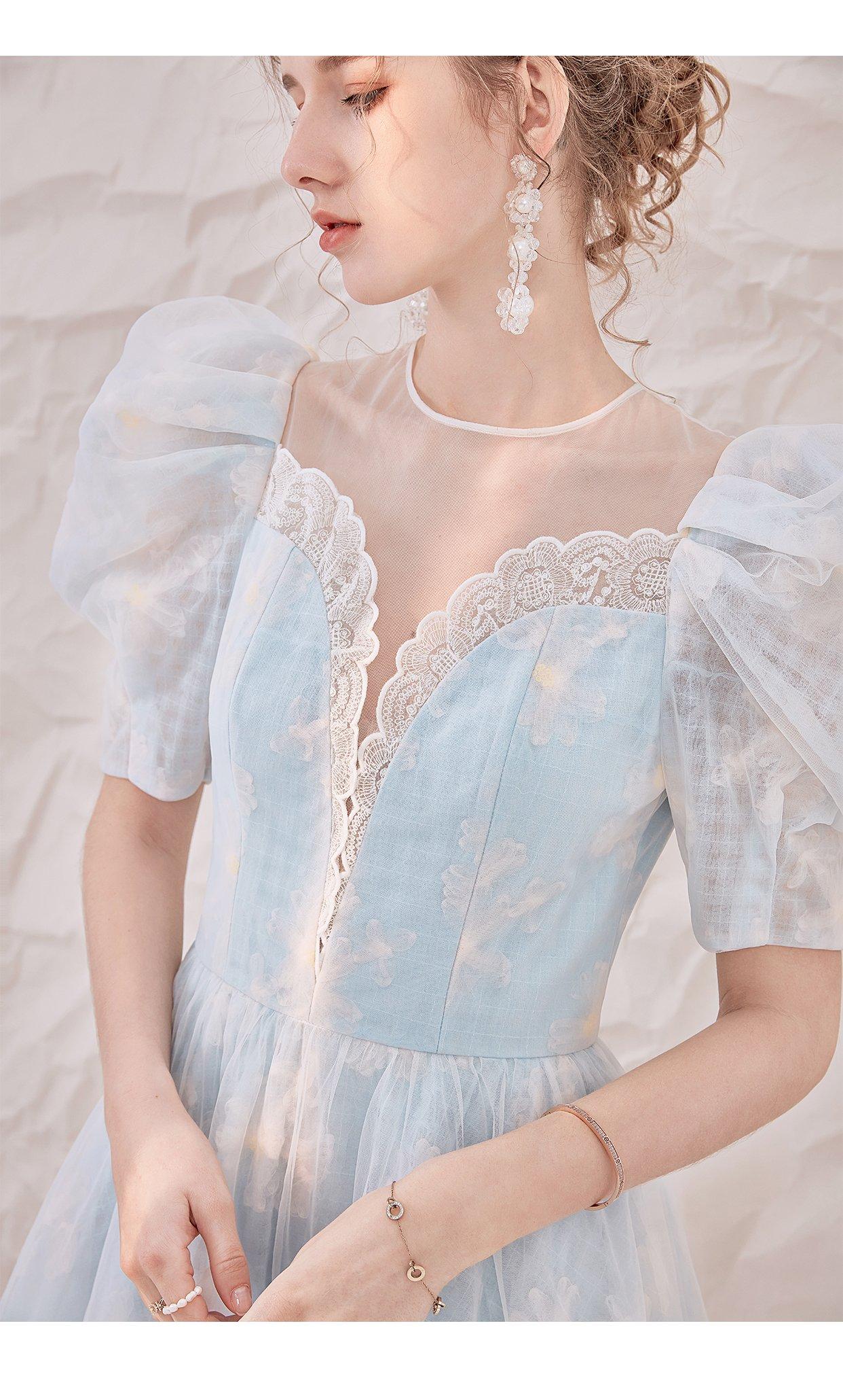 Gorgeoud puff sleeve blue mesh midi dress- Flori