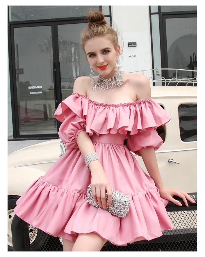 ruffle off shoulder pleated hem lantern sleeve pleated pink dress