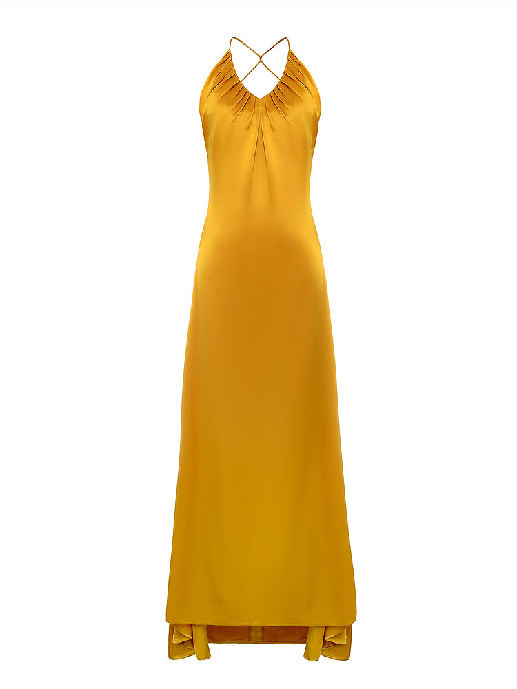 Gold Satin Fitted Maxi Gown halter neck wedding guest dress- Loa GOOD GIRL REBEL Gold Satin Fitted Maxi Gown halter neck wedding guest dress- Loa GOOD GIRL REBEL