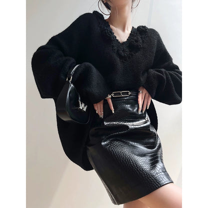 Aconiconi|Purple Flower Crochet openwork long cropped loose wool knit sweater  dress - Twilight